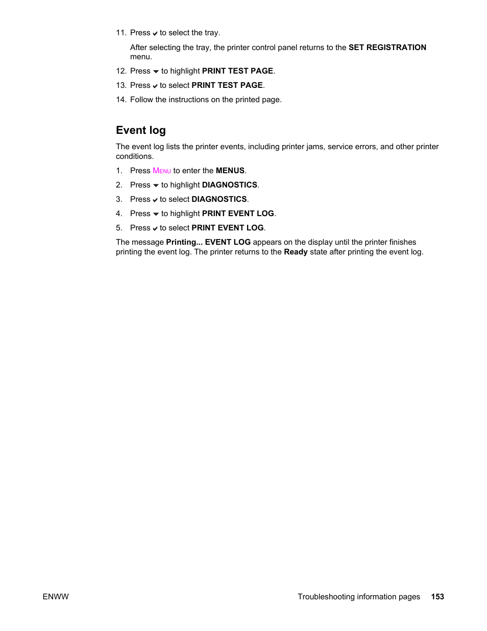 Event log | HP Color LaserJet 5550 Printer series User Manual | Page 167 / 294