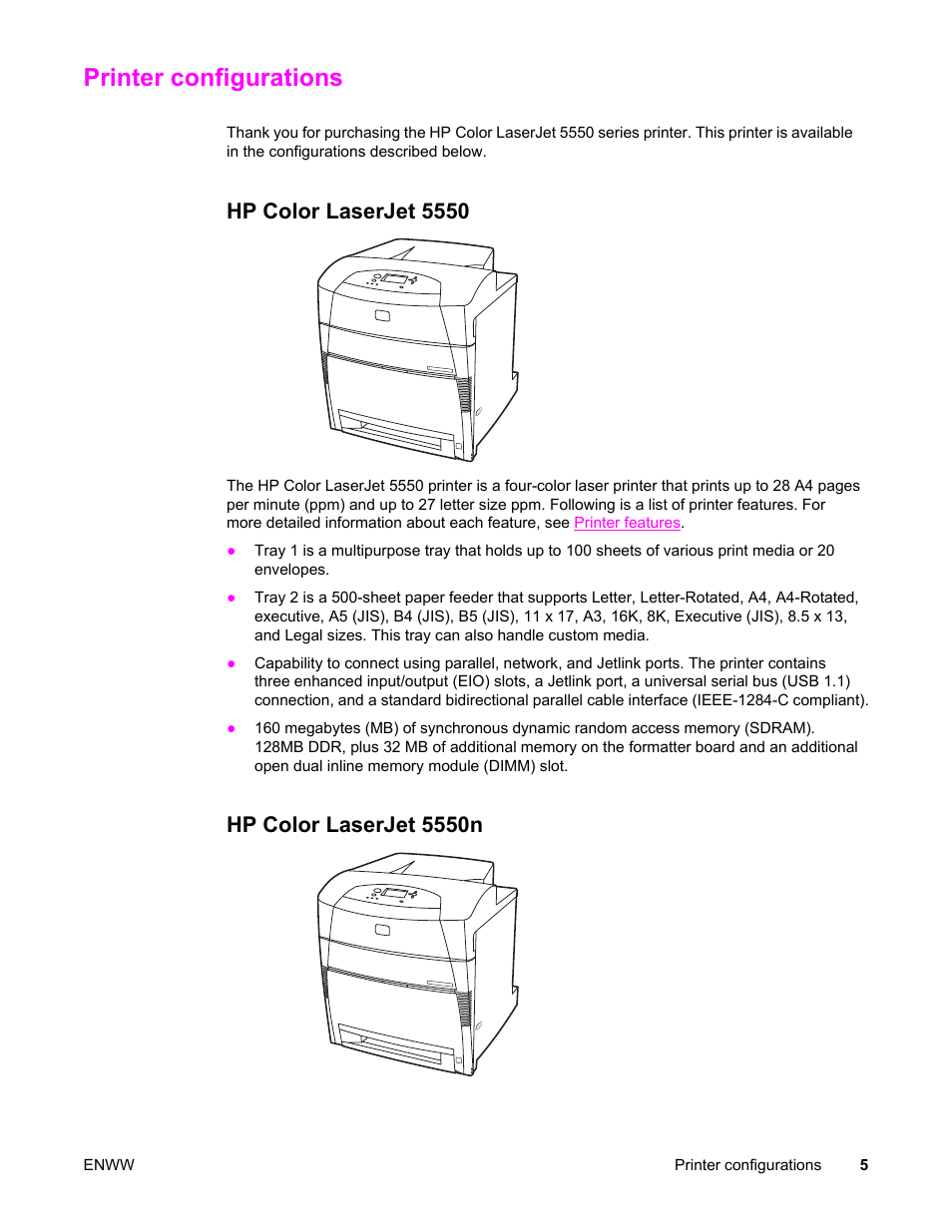 Printer configurations, Hp color laserjet 5550, Hp color laserjet 5550n | Hp color laserjet 5550 hp color laserjet 5550n | HP Color LaserJet 5550 Printer series User Manual | Page 19 / 294