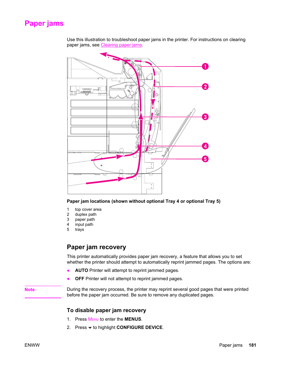 Paper jams, Paper jam recovery | HP Color LaserJet 5550 Printer series User Manual | Page 195 / 294