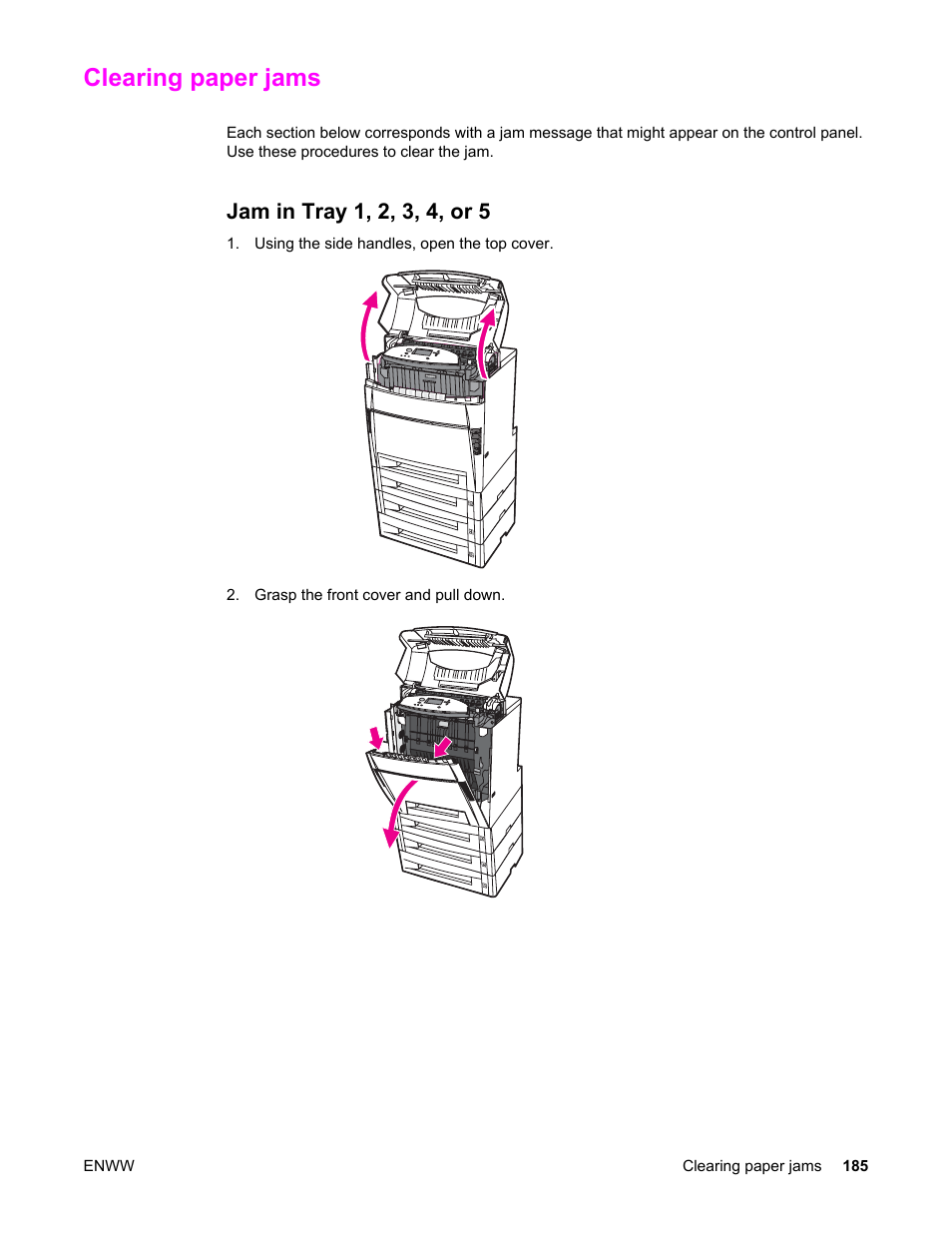 Clearing paper jams, Jam in tray 1, 2, 3, 4, or 5 | HP Color LaserJet 5550 Printer series User Manual | Page 199 / 294