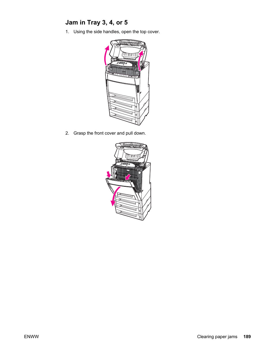 Jam in tray 3, 4, or 5 | HP Color LaserJet 5550 Printer series User Manual | Page 203 / 294