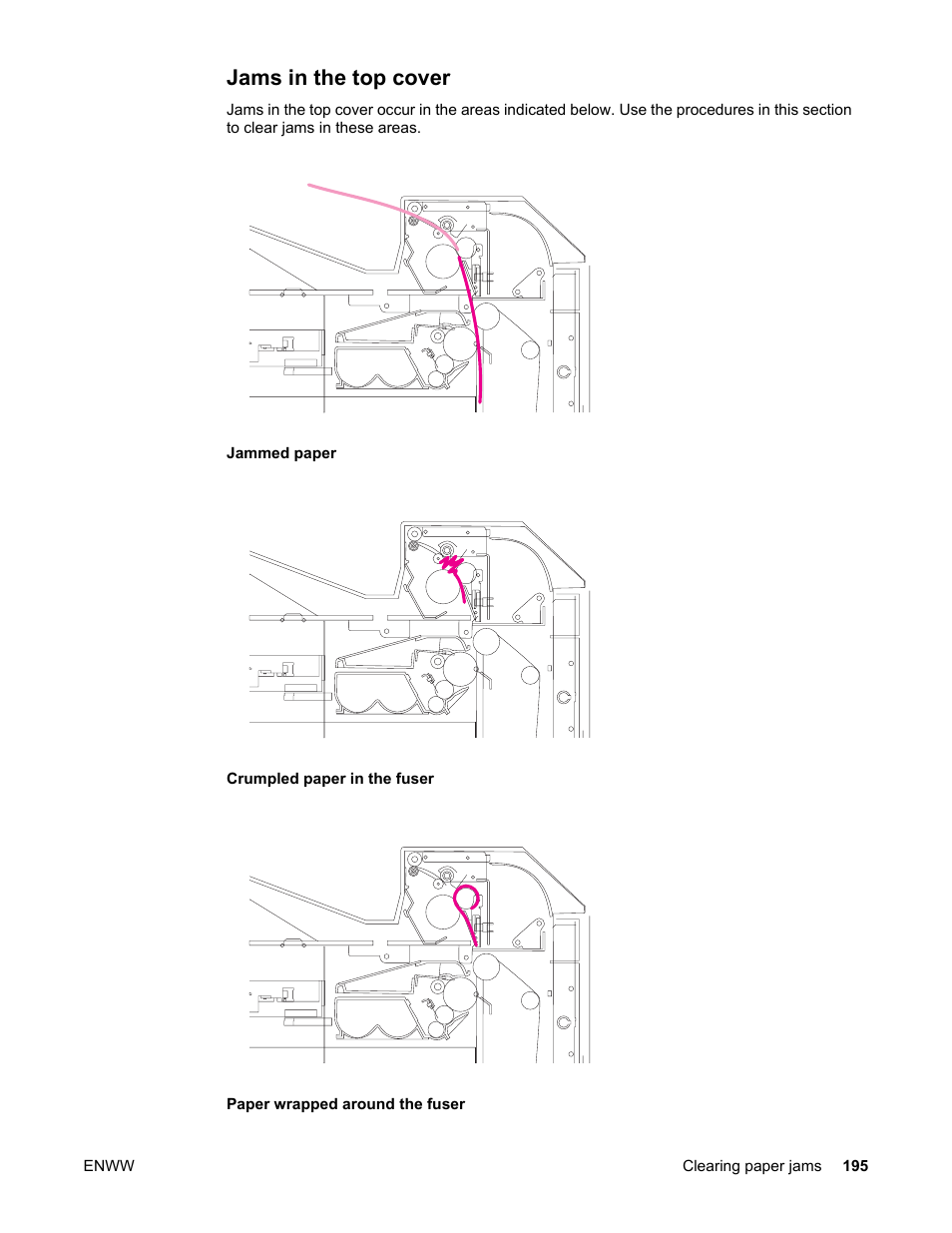 Jams in the top cover | HP Color LaserJet 5550 Printer series User Manual | Page 209 / 294