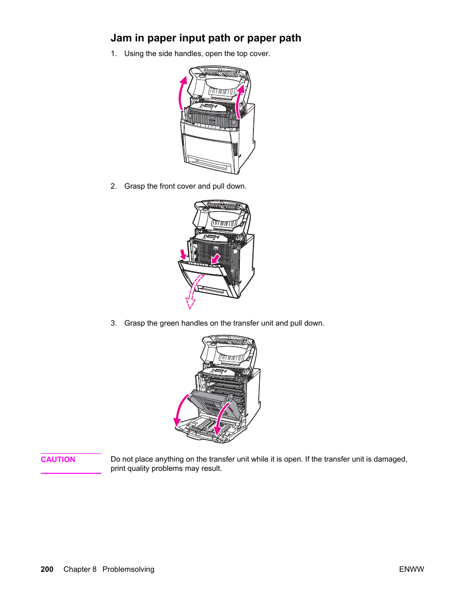 Jam in paper input path or paper path | HP Color LaserJet 5550 Printer series User Manual | Page 214 / 294