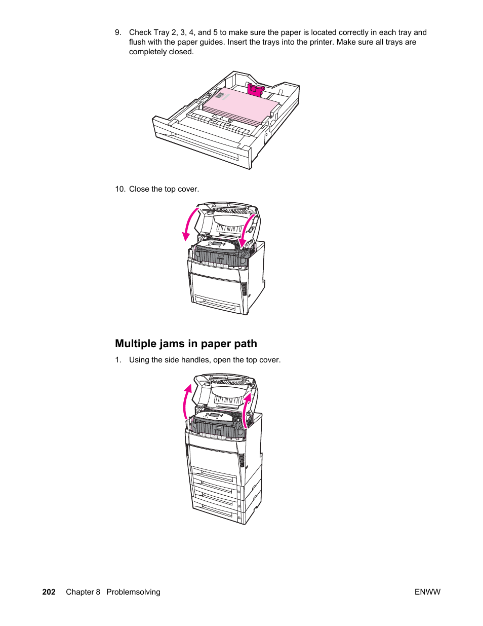 Multiple jams in paper path | HP Color LaserJet 5550 Printer series User Manual | Page 216 / 294