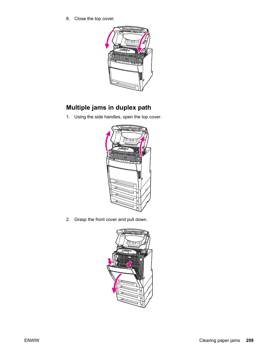 Multiple jams in duplex path | HP Color LaserJet 5550 Printer series User Manual | Page 223 / 294