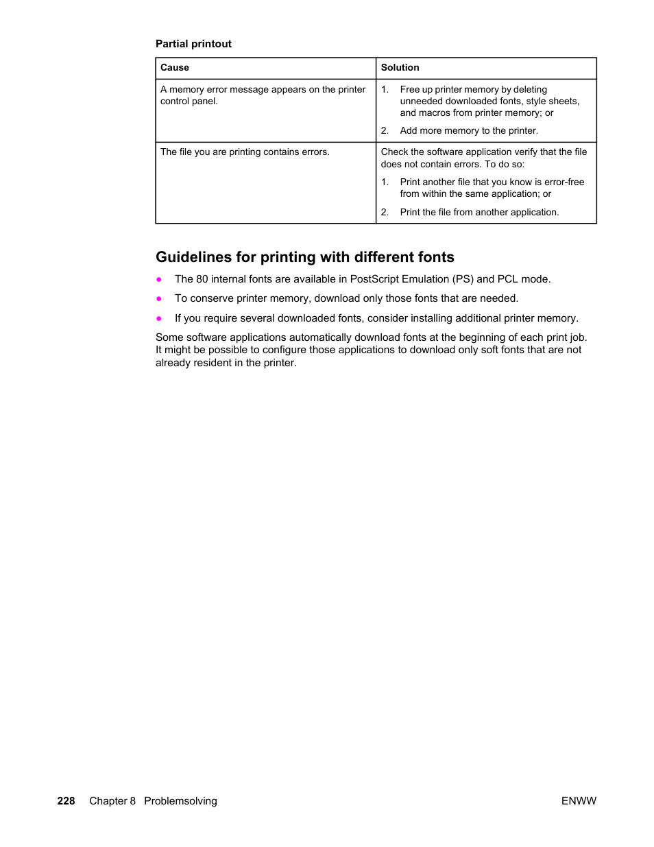 Guidelines for printing with different fonts, Partial printout | HP Color LaserJet 5550 Printer series User Manual | Page 242 / 294