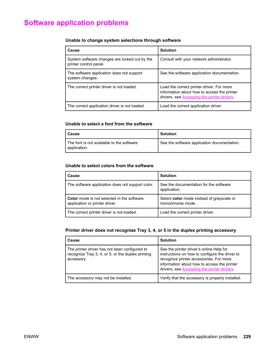Software application problems, Unable to select a font from the software, Unable to select colors from the software | HP Color LaserJet 5550 Printer series User Manual | Page 243 / 294