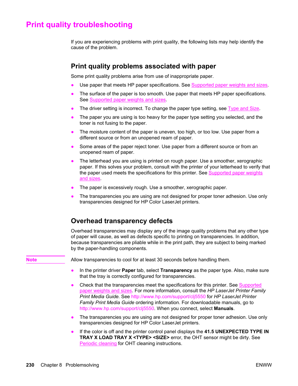 Print quality troubleshooting, Print quality problems associated with paper, Overhead transparency defects | HP Color LaserJet 5550 Printer series User Manual | Page 244 / 294