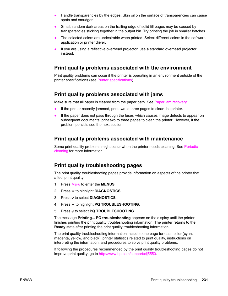 Print quality problems associated with jams, Print quality problems associated with maintenance, Print quality troubleshooting pages | HP Color LaserJet 5550 Printer series User Manual | Page 245 / 294