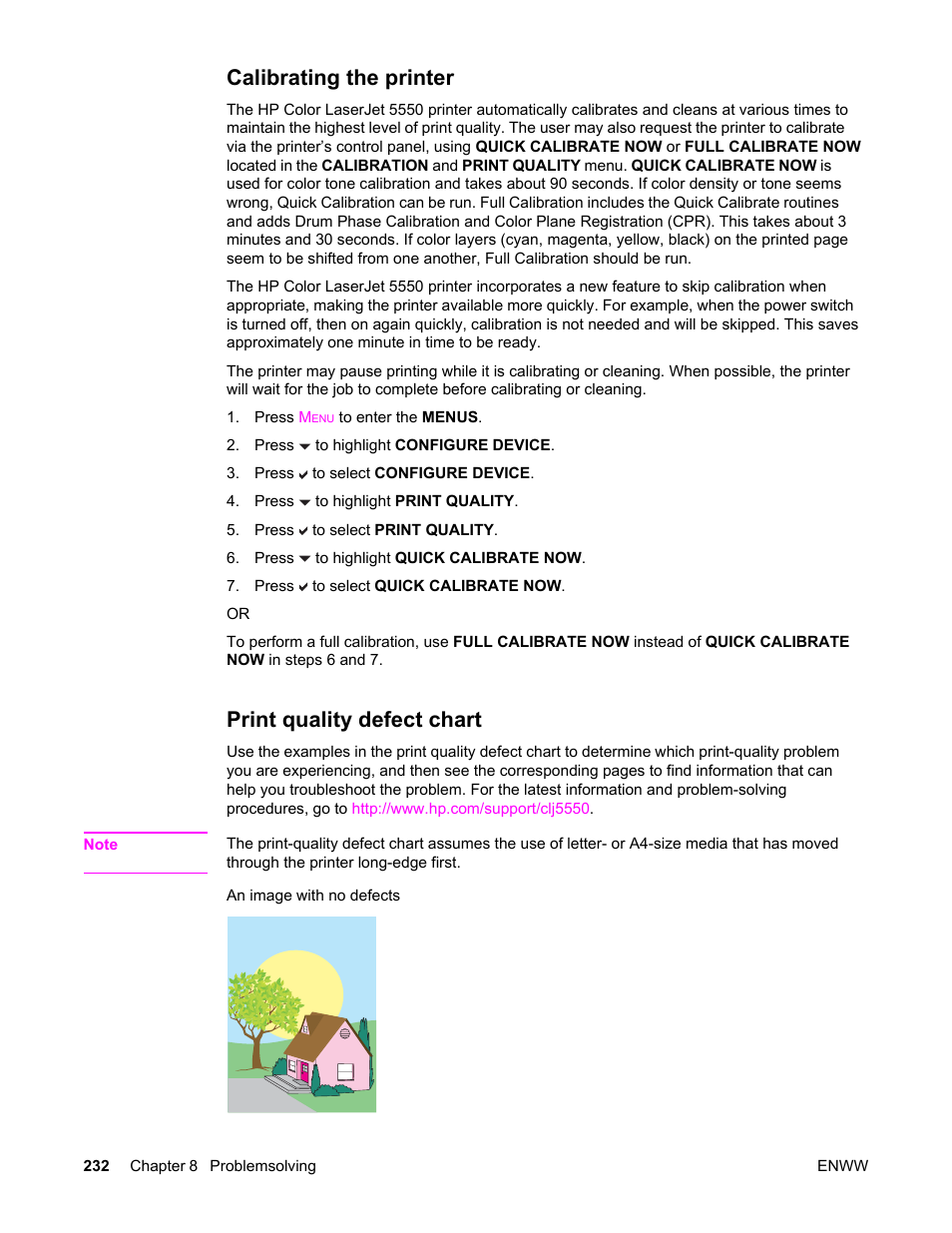 Calibrating the printer, Print quality defect chart, Calibrating the printer print quality defect chart | HP Color LaserJet 5550 Printer series User Manual | Page 246 / 294