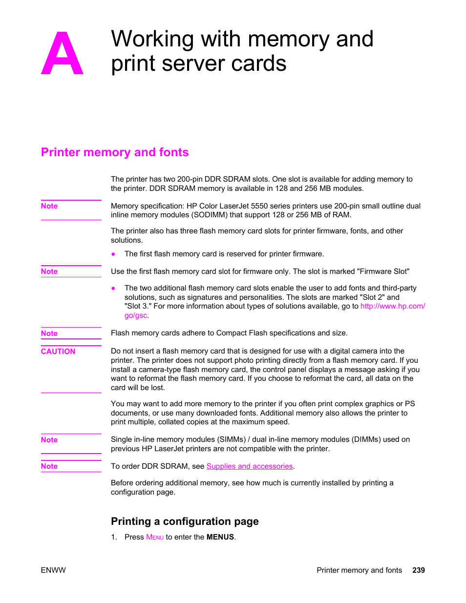 Working with memory and print server cards, Printer memory and fonts, Printing a configuration page | HP Color LaserJet 5550 Printer series User Manual | Page 253 / 294