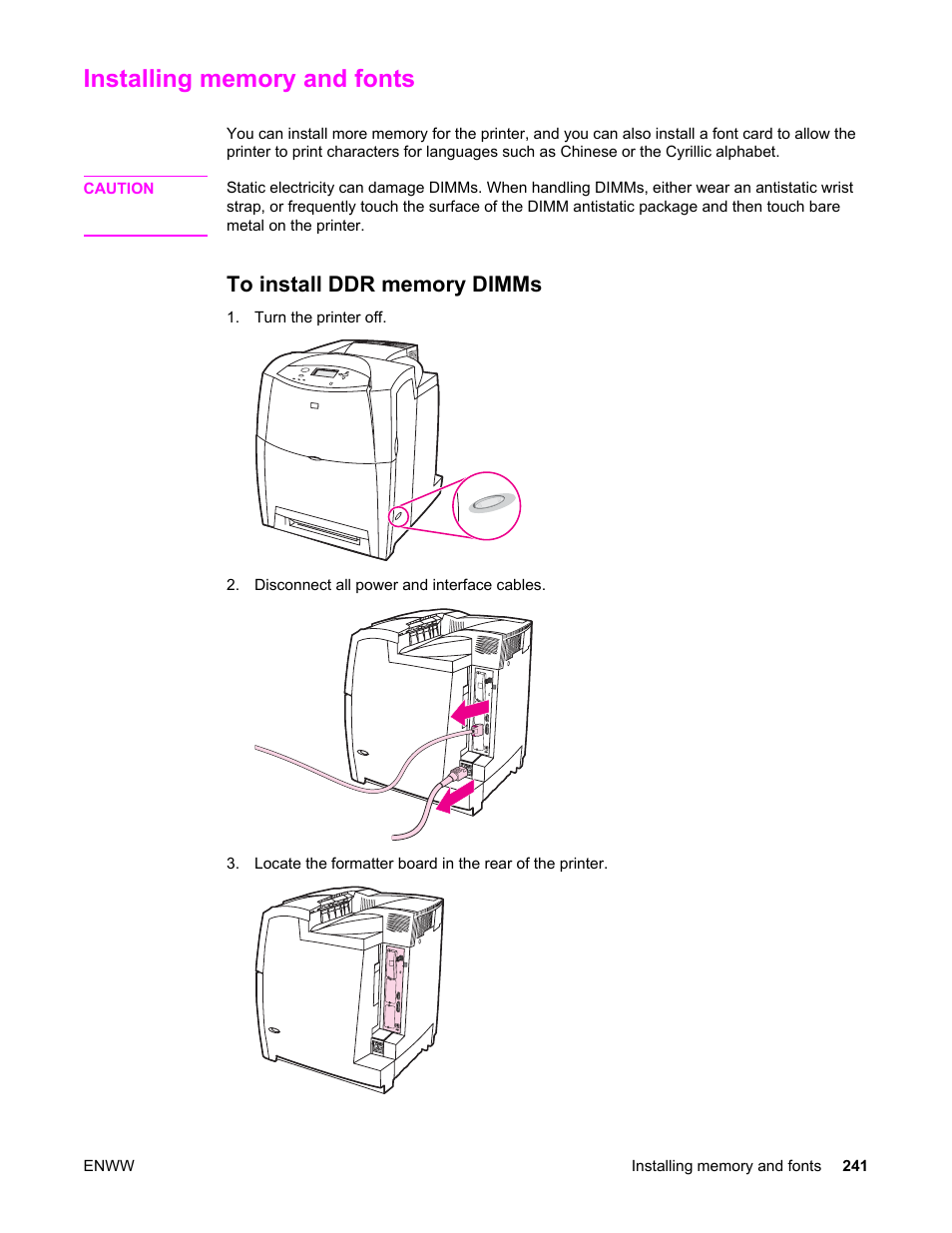 Installing memory and fonts, To install ddr memory dimms | HP Color LaserJet 5550 Printer series User Manual | Page 255 / 294