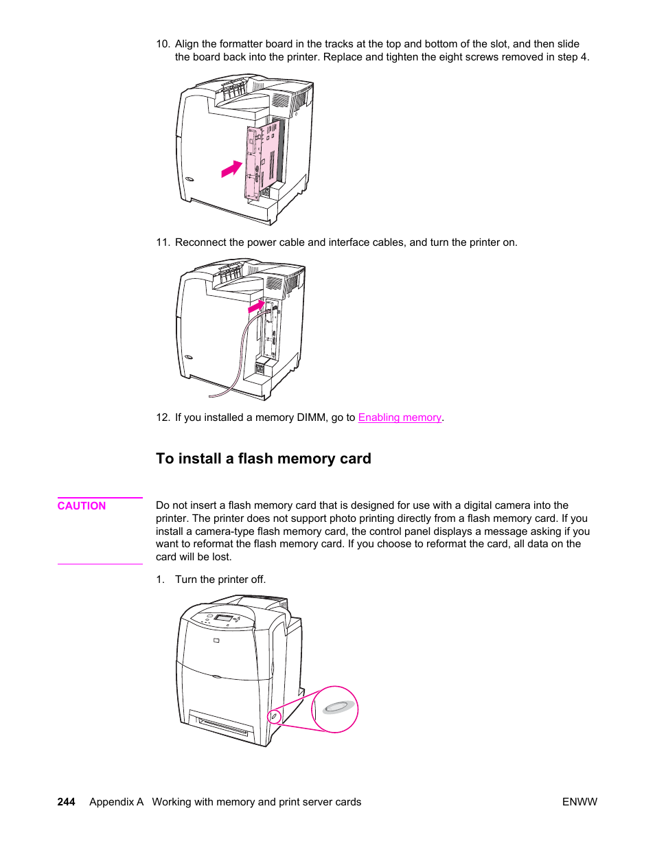 To install a flash memory card | HP Color LaserJet 5550 Printer series User Manual | Page 258 / 294