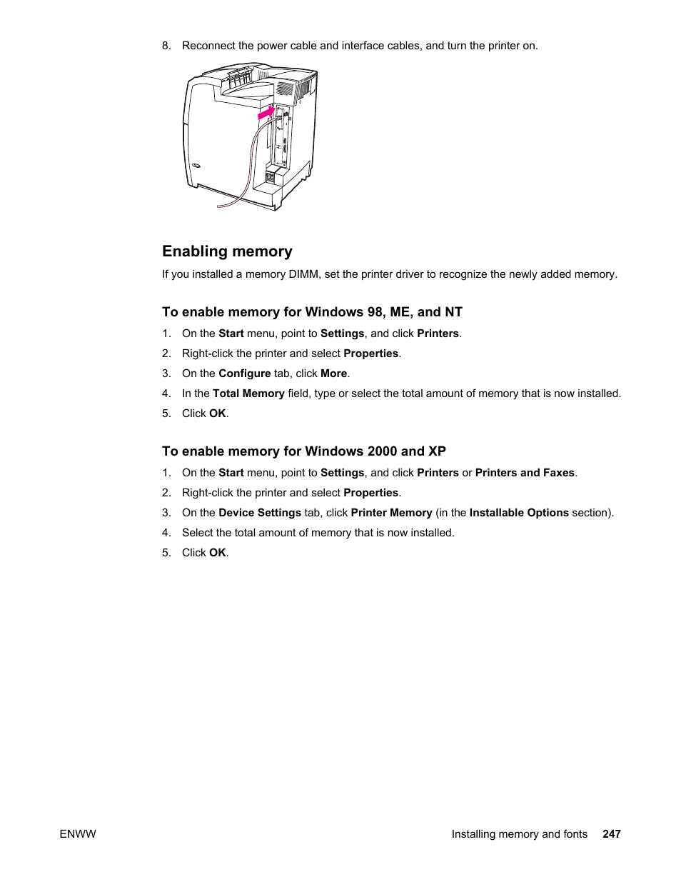 Enabling memory | HP Color LaserJet 5550 Printer series User Manual | Page 261 / 294