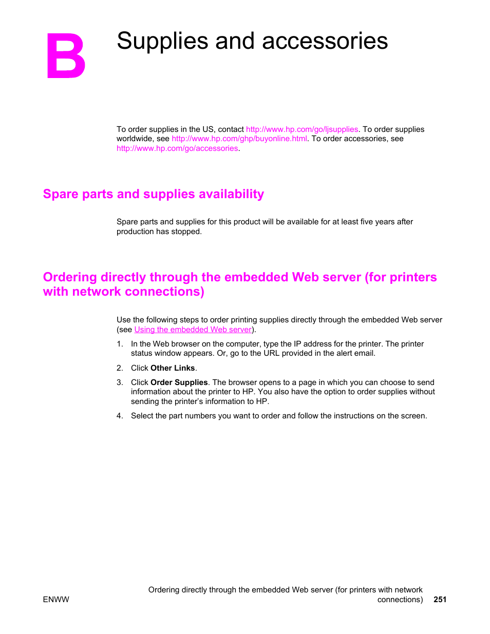 Supplies and accessories, Spare parts and supplies availability, Appendix b supplies and accessories | Connections), Another type of network port, see, Supplies and, Accessories, Or go to, For ordering information, see | HP Color LaserJet 5550 Printer series User Manual | Page 265 / 294
