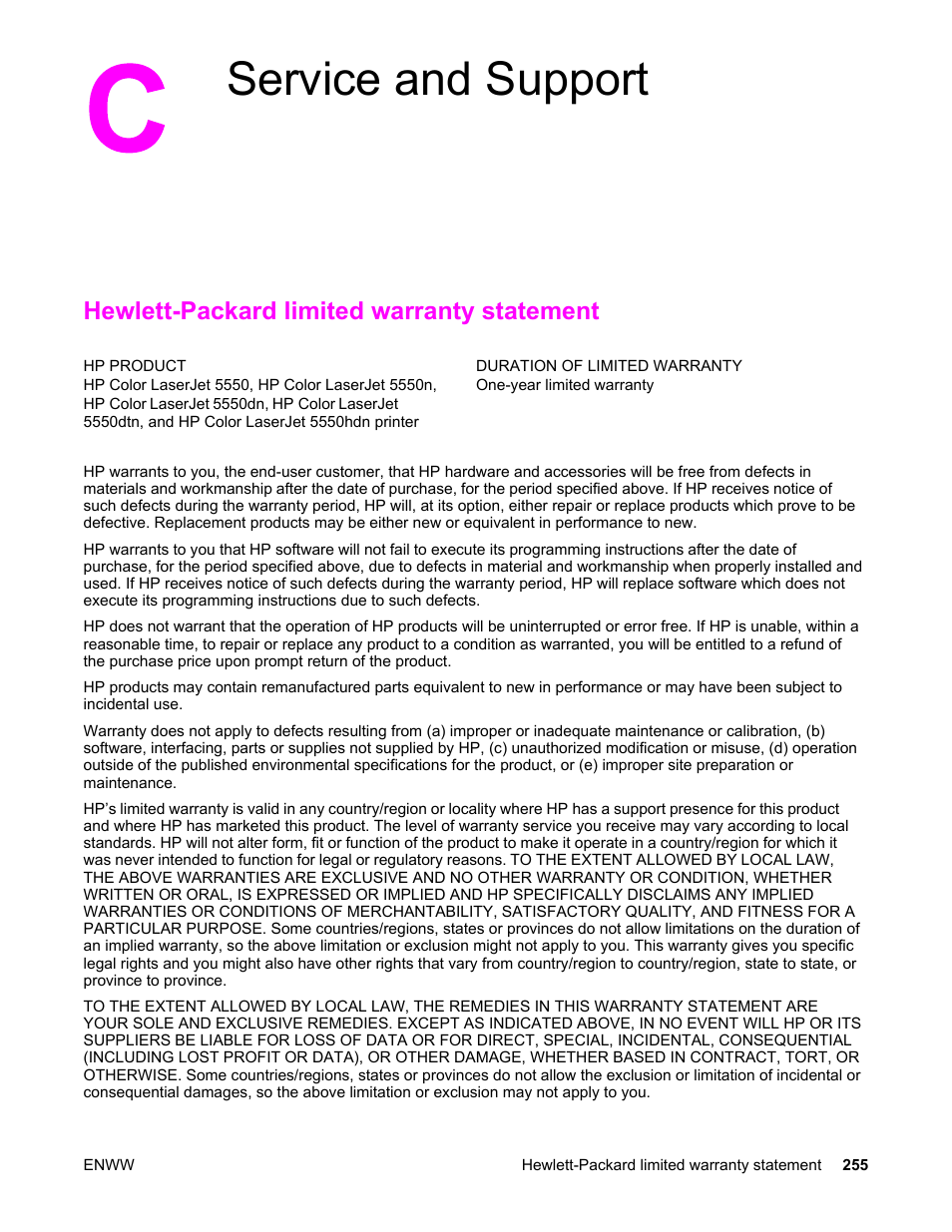 Service and support, Hewlett-packard limited warranty statement, Appendix c service and support | HP Color LaserJet 5550 Printer series User Manual | Page 269 / 294