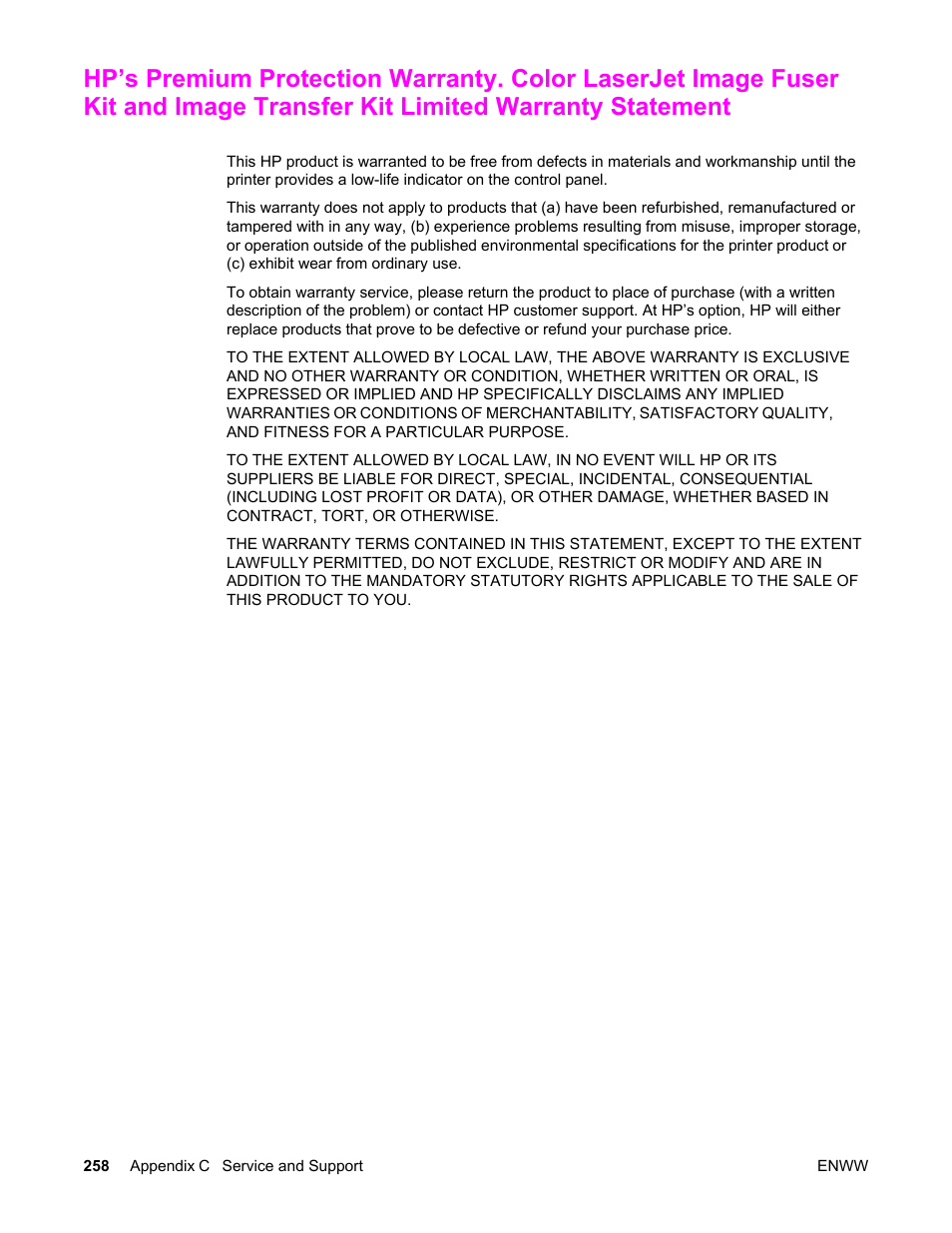 Transfer kit limited warranty statement | HP Color LaserJet 5550 Printer series User Manual | Page 272 / 294