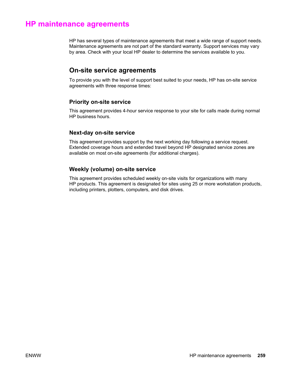 Hp maintenance agreements, On-site service agreements | HP Color LaserJet 5550 Printer series User Manual | Page 273 / 294