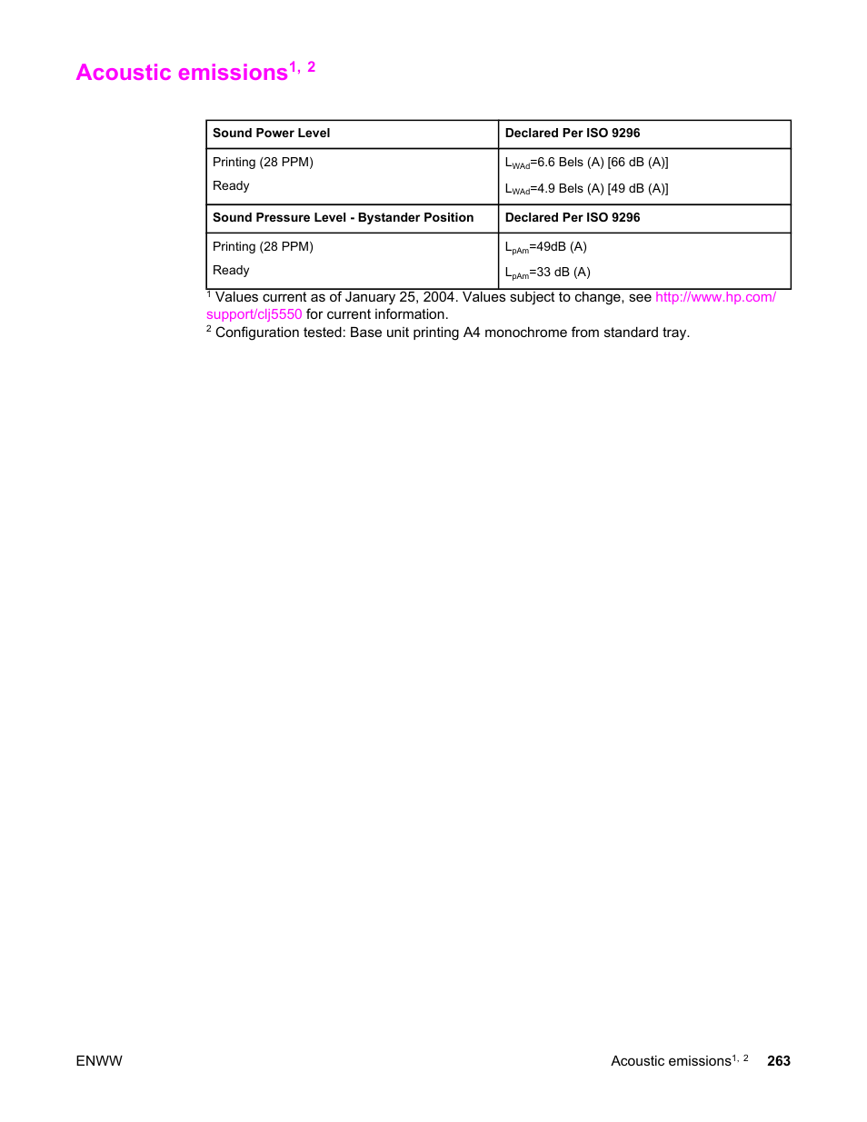 Acoustic emissions | HP Color LaserJet 5550 Printer series User Manual | Page 277 / 294