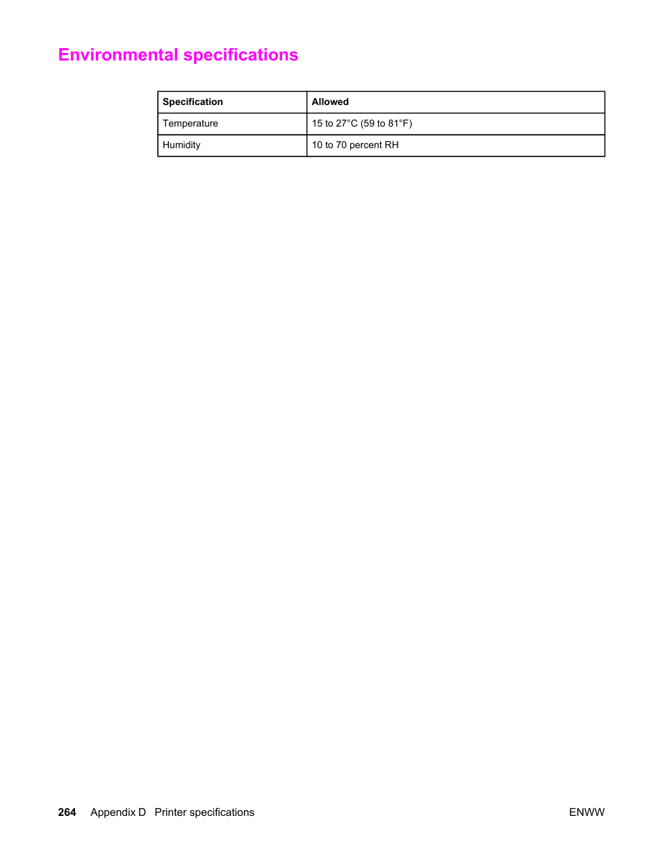 Environmental specifications | HP Color LaserJet 5550 Printer series User Manual | Page 278 / 294