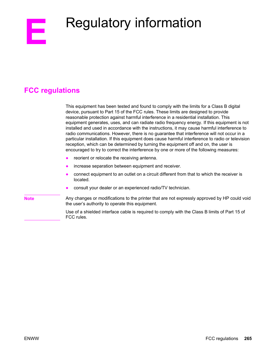 Regulatory information, Fcc regulations, Appendix e regulatory information | HP Color LaserJet 5550 Printer series User Manual | Page 279 / 294