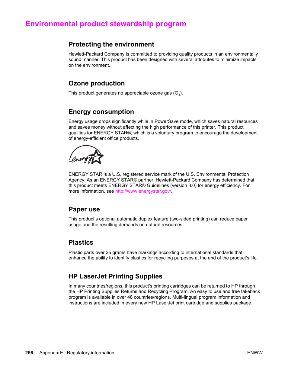 Environmental product stewardship program, Protecting the environment, Ozone production | Energy consumption, Paper use, Plastics, Hp laserjet printing supplies | HP Color LaserJet 5550 Printer series User Manual | Page 280 / 294