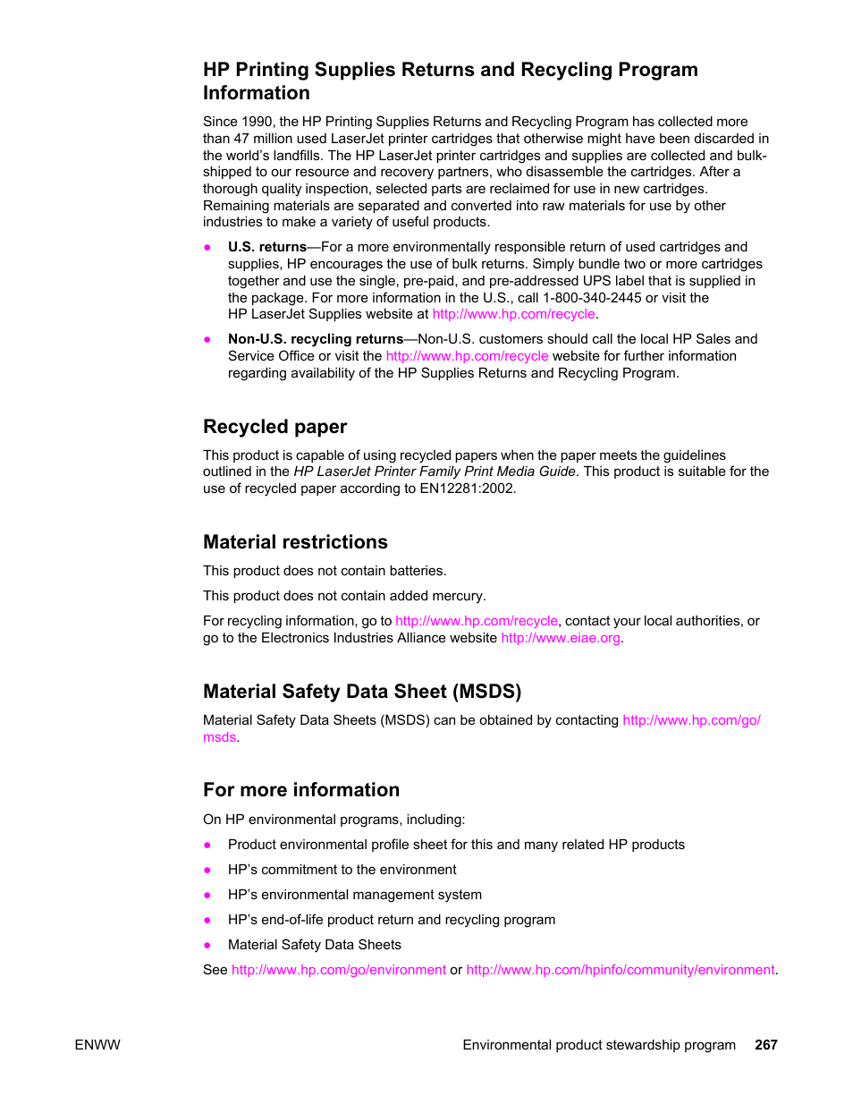 Recycled paper, Material restrictions, Material safety data sheet (msds) | For more information | HP Color LaserJet 5550 Printer series User Manual | Page 281 / 294