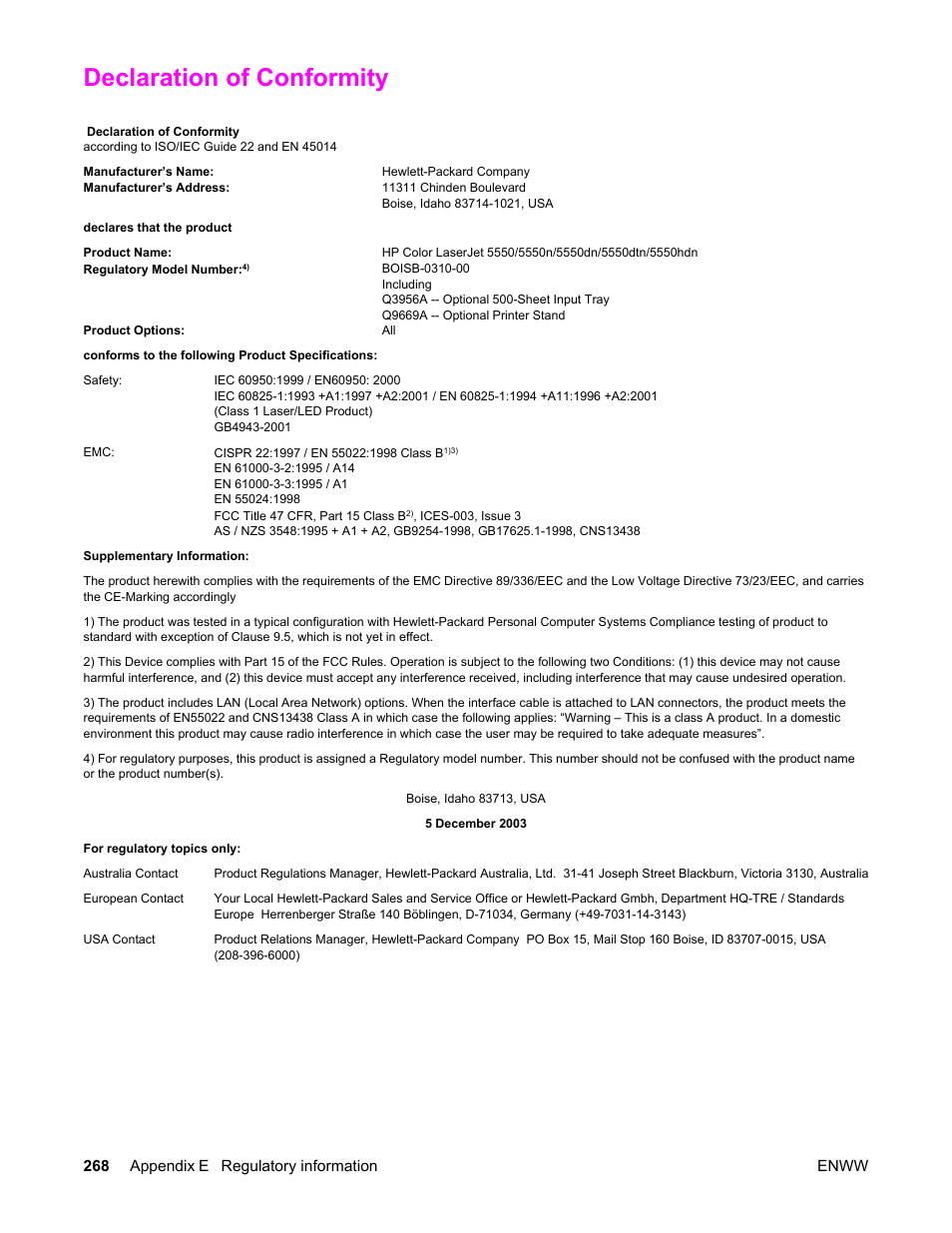 Declaration of conformity | HP Color LaserJet 5550 Printer series User Manual | Page 282 / 294