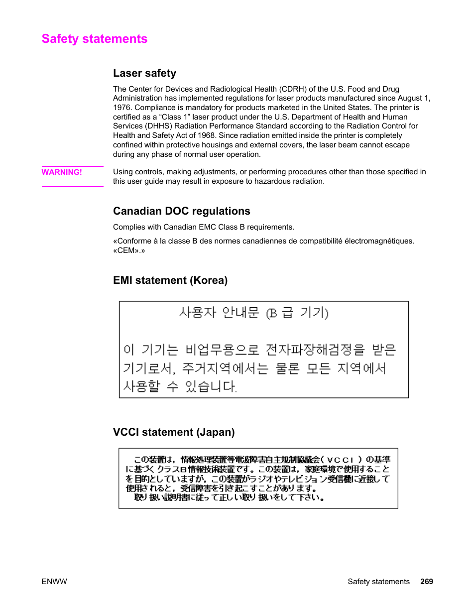 Safety statements, Laser safety, Canadian doc regulations | Emi statement (korea), Vcci statement (japan), Emi statement (korea) vcci statement (japan) | HP Color LaserJet 5550 Printer series User Manual | Page 283 / 294