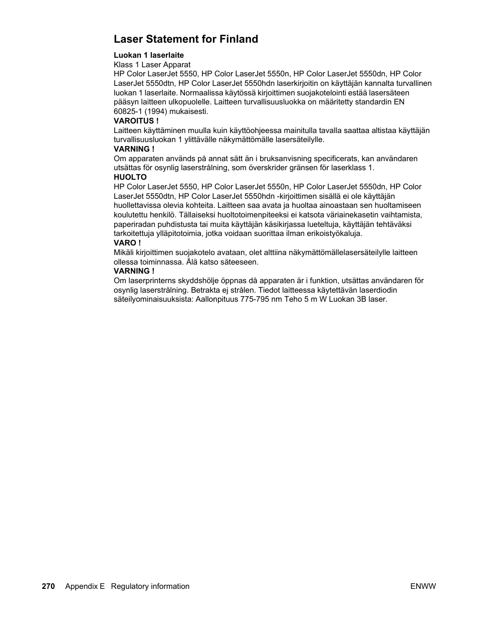 Laser statement for finland | HP Color LaserJet 5550 Printer series User Manual | Page 284 / 294