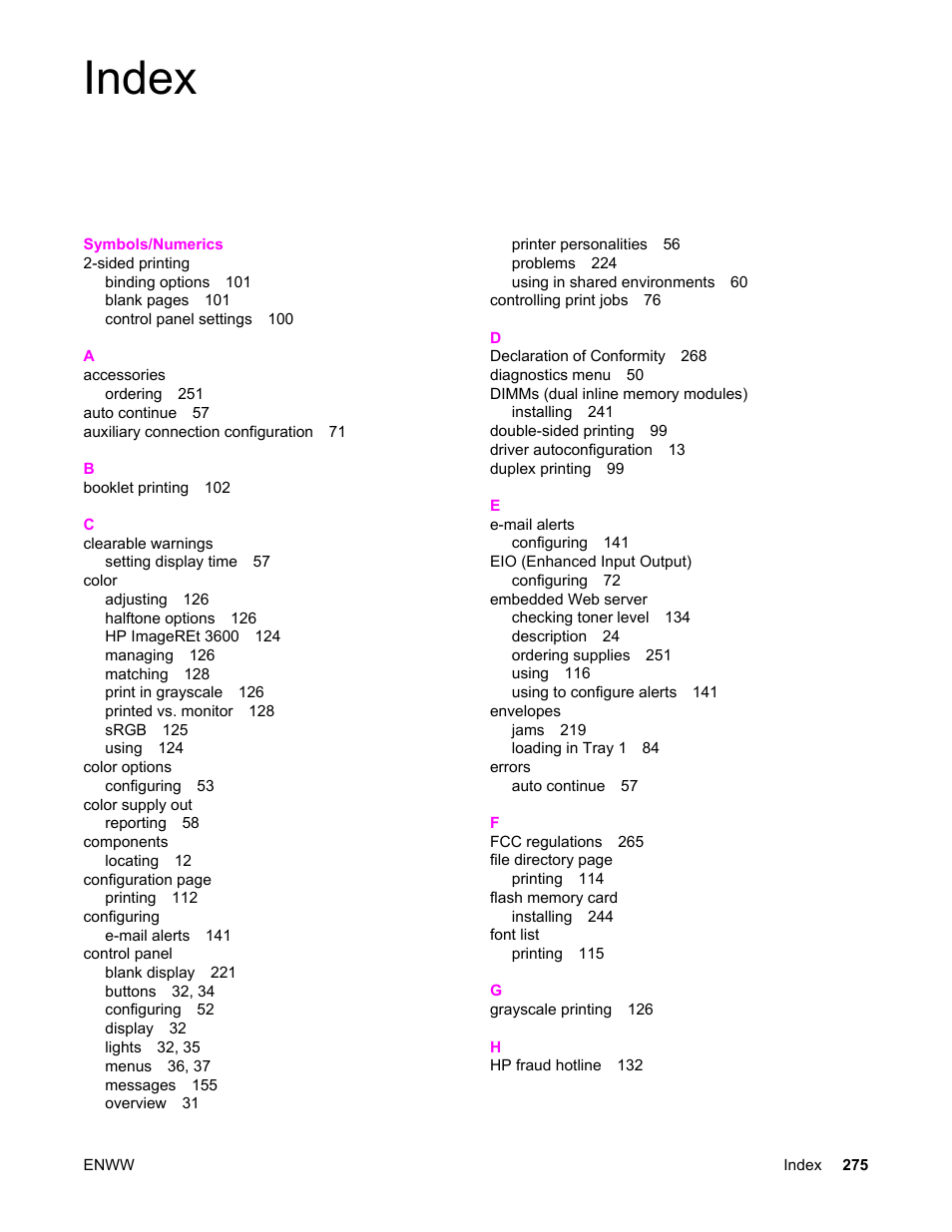 Index | HP Color LaserJet 5550 Printer series User Manual | Page 289 / 294