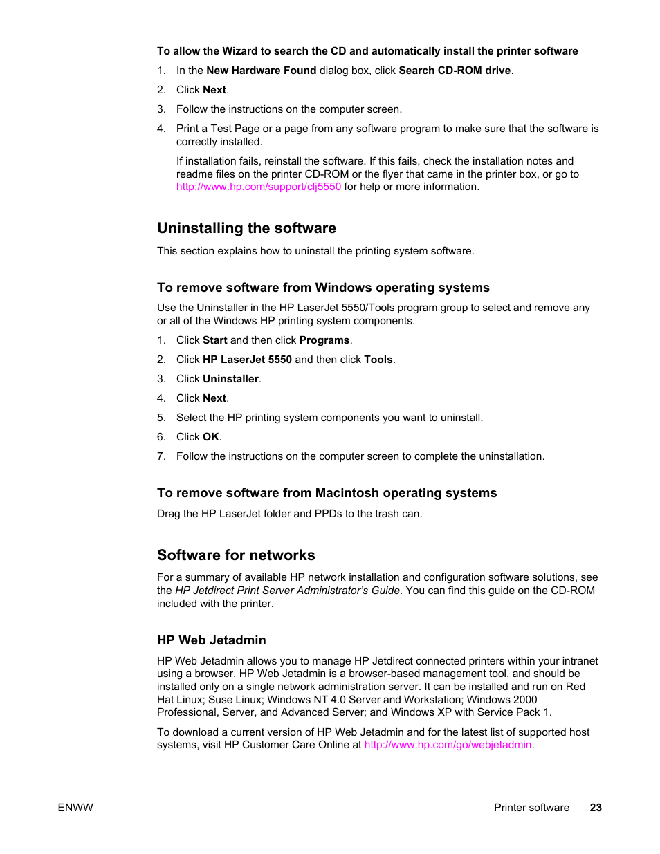 Uninstalling the software, Software for networks, Uninstalling the software software for networks | HP Color LaserJet 5550 Printer series User Manual | Page 37 / 294