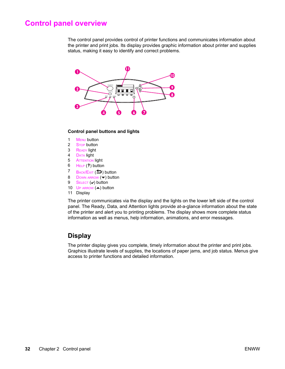 Control panel overview, Display | HP Color LaserJet 5550 Printer series User Manual | Page 46 / 294