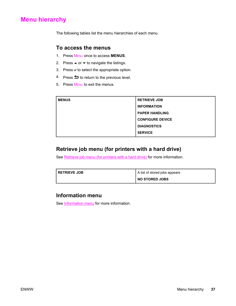 Menu hierarchy, To access the menus, Retrieve job menu (for printers with a hard drive) | Information menu | HP Color LaserJet 5550 Printer series User Manual | Page 51 / 294
