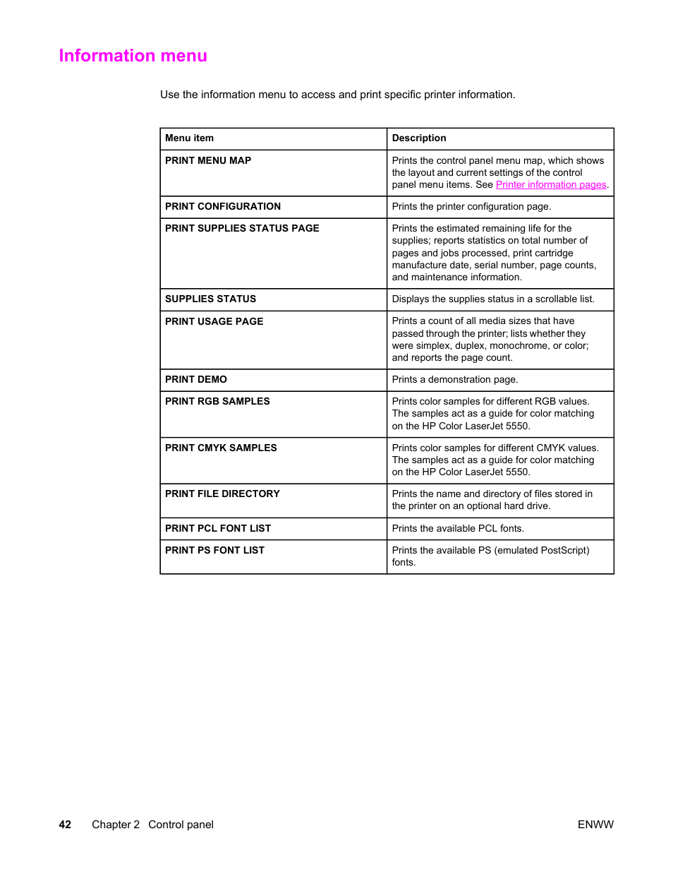 Information menu | HP Color LaserJet 5550 Printer series User Manual | Page 56 / 294