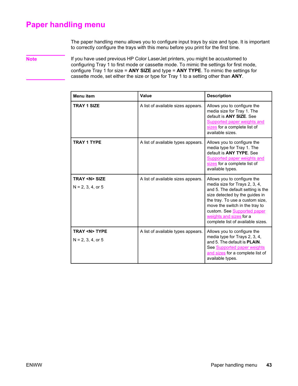 Paper handling menu, For more information | HP Color LaserJet 5550 Printer series User Manual | Page 57 / 294