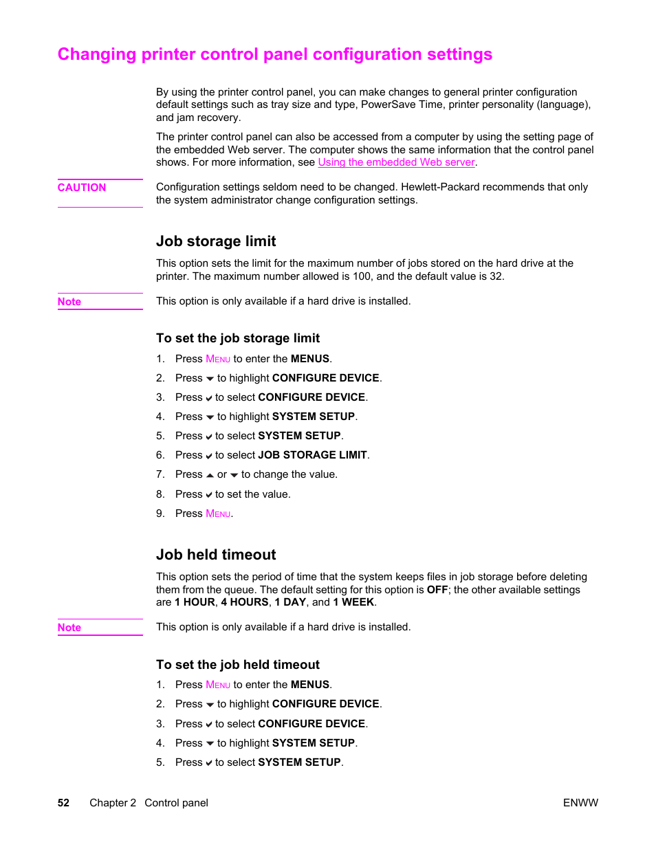 Job storage limit, Job held timeout, Job storage limit job held timeout | Changing printer control, Panel configuration settings | HP Color LaserJet 5550 Printer series User Manual | Page 66 / 294