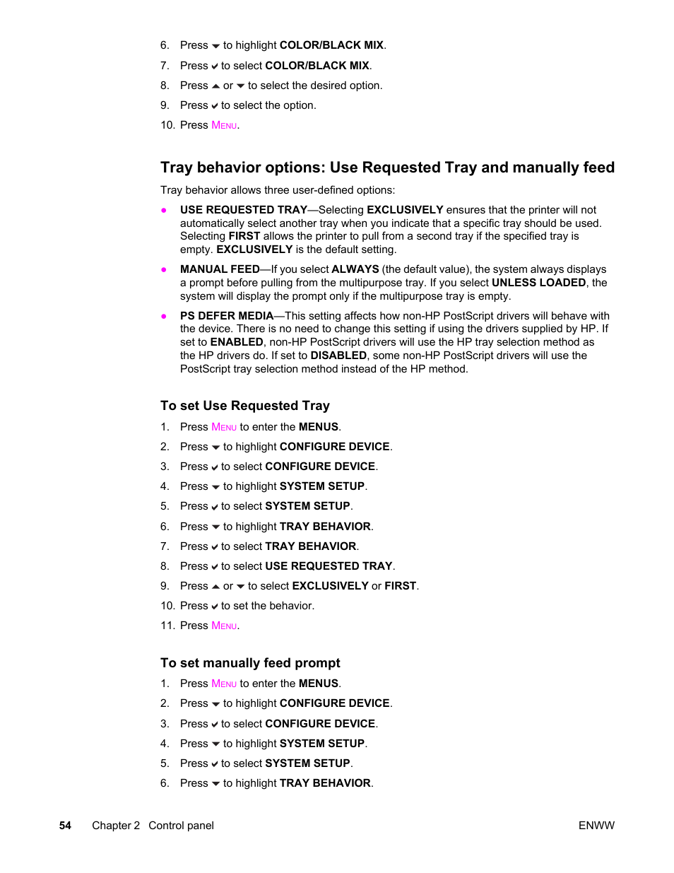 Tray behavior options: use, Requested tray and manually feed | HP Color LaserJet 5550 Printer series User Manual | Page 68 / 294
