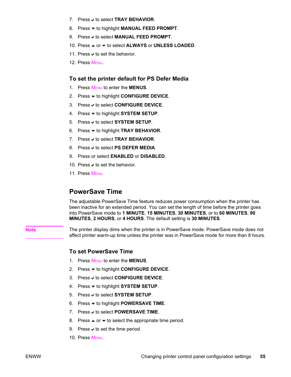 Powersave time | HP Color LaserJet 5550 Printer series User Manual | Page 69 / 294