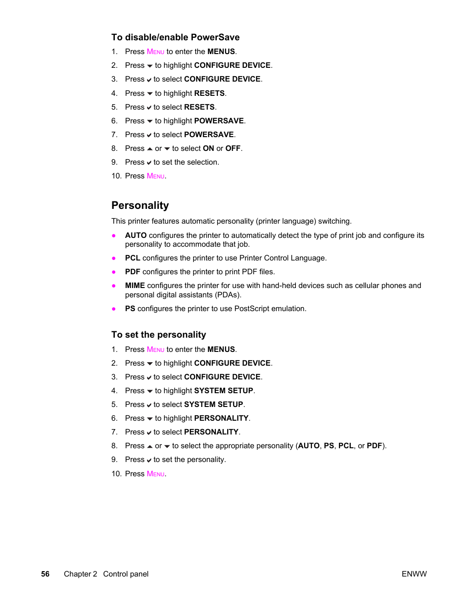 Personality, For more | HP Color LaserJet 5550 Printer series User Manual | Page 70 / 294