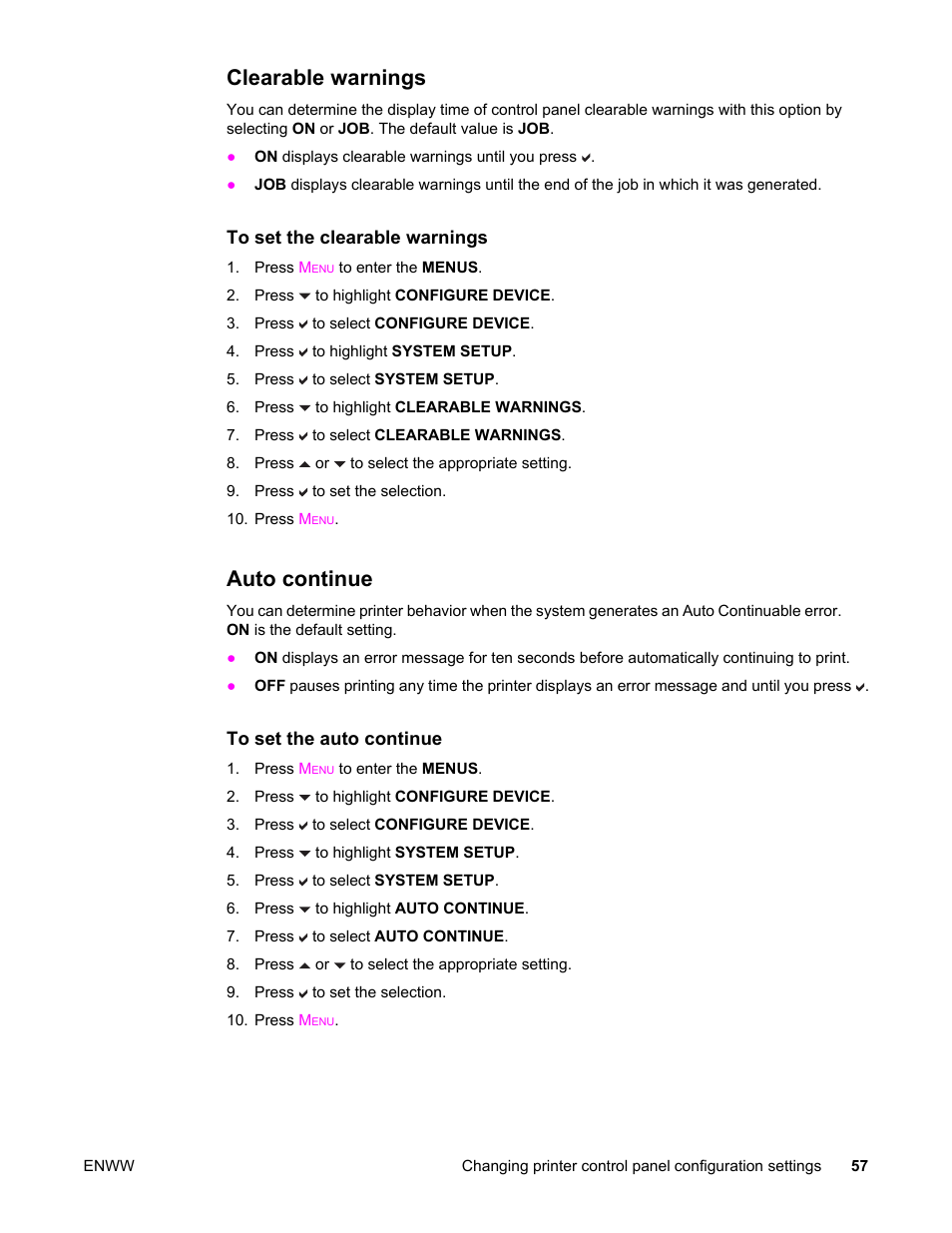 Clearable warnings, Auto continue, Clearable warnings auto continue | HP Color LaserJet 5550 Printer series User Manual | Page 71 / 294