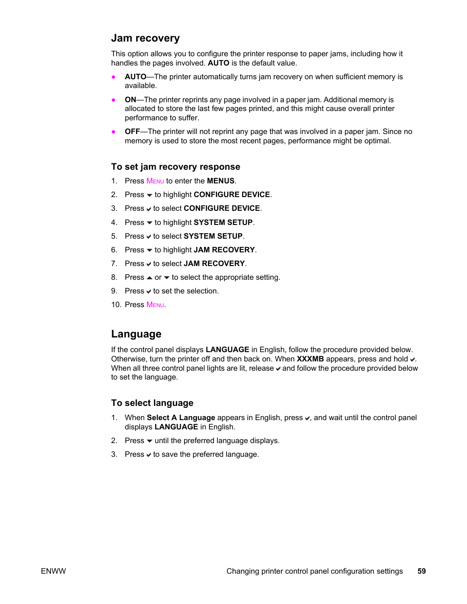 Jam recovery, Language, Jam recovery language | HP Color LaserJet 5550 Printer series User Manual | Page 73 / 294