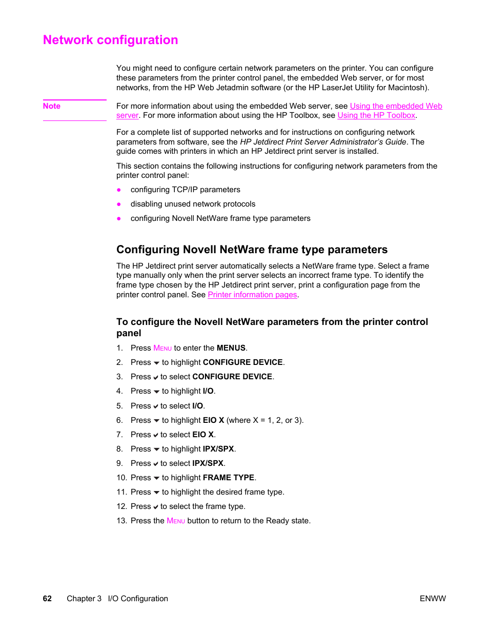 Network configuration, Configuring novell netware frame type parameters | HP Color LaserJet 5550 Printer series User Manual | Page 76 / 294