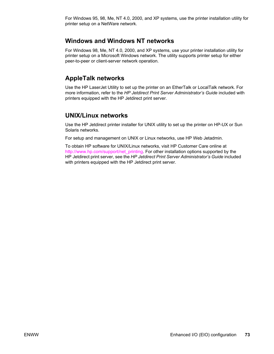 Windows and windows nt networks, Appletalk networks, Unix/linux networks | HP Color LaserJet 5550 Printer series User Manual | Page 87 / 294