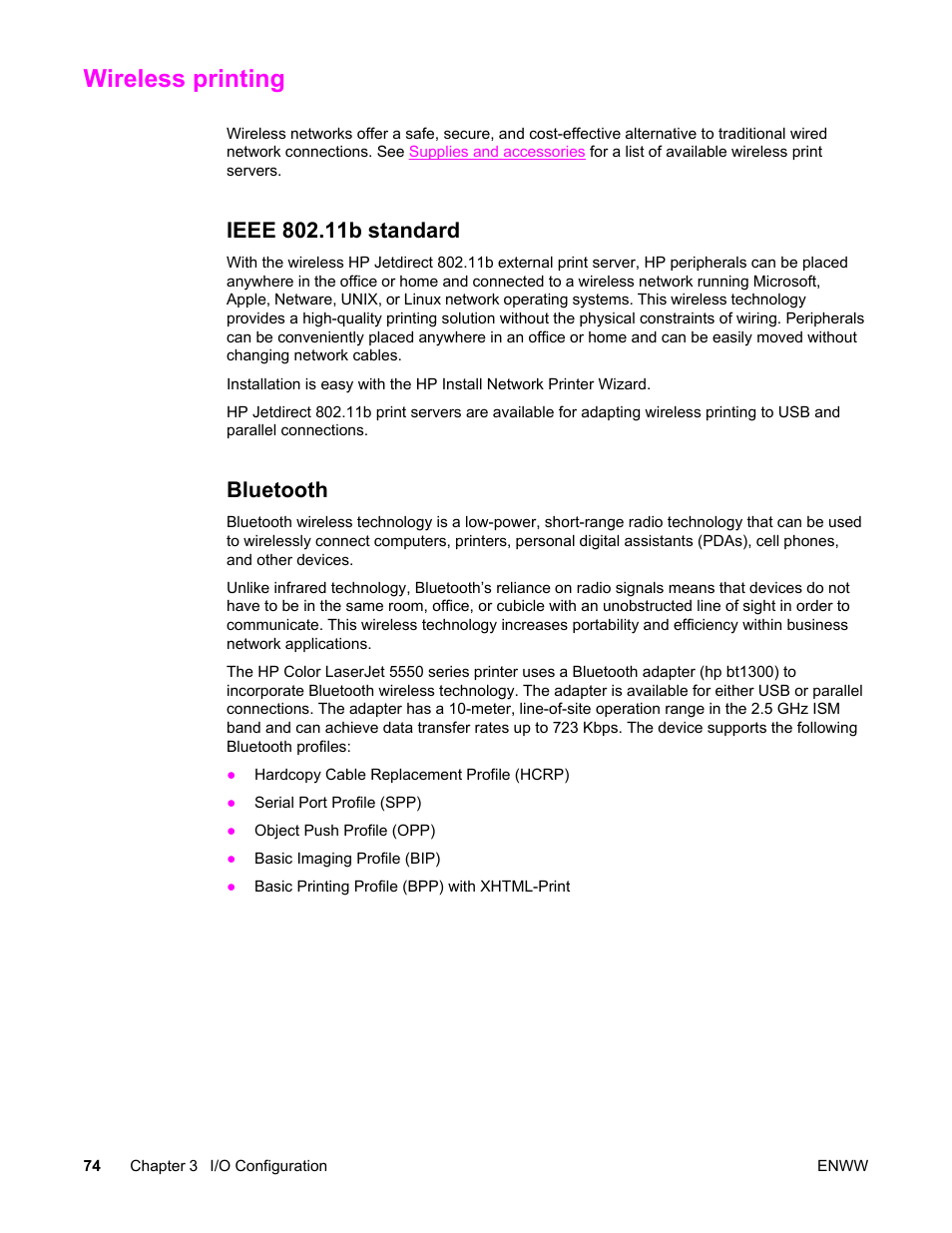 Wireless printing, Ieee 802.11b standard, Bluetooth | Ieee 802.11b standard bluetooth | HP Color LaserJet 5550 Printer series User Manual | Page 88 / 294