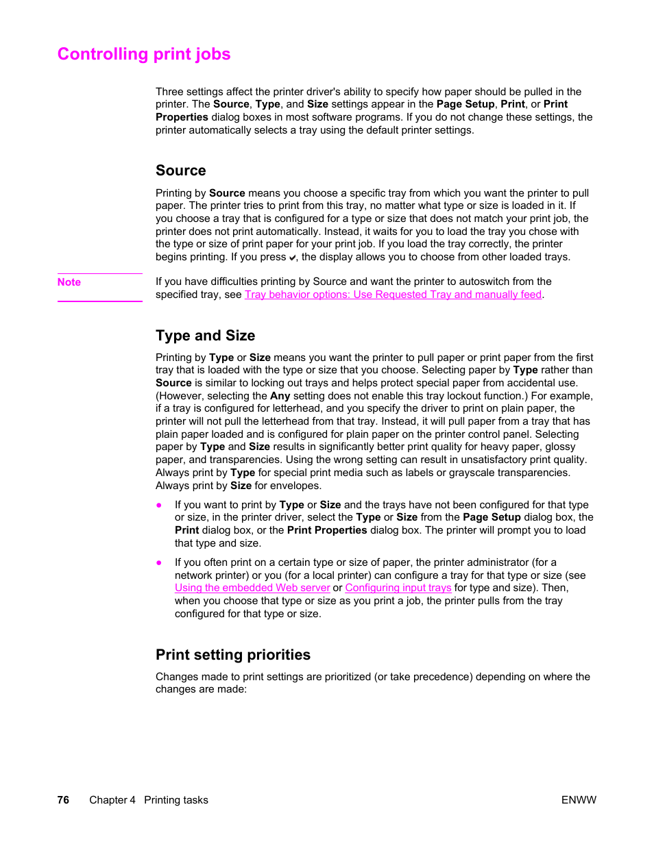 Controlling print jobs, Source, Type and size | Print setting priorities, Source type and size print setting priorities | HP Color LaserJet 5550 Printer series User Manual | Page 90 / 294