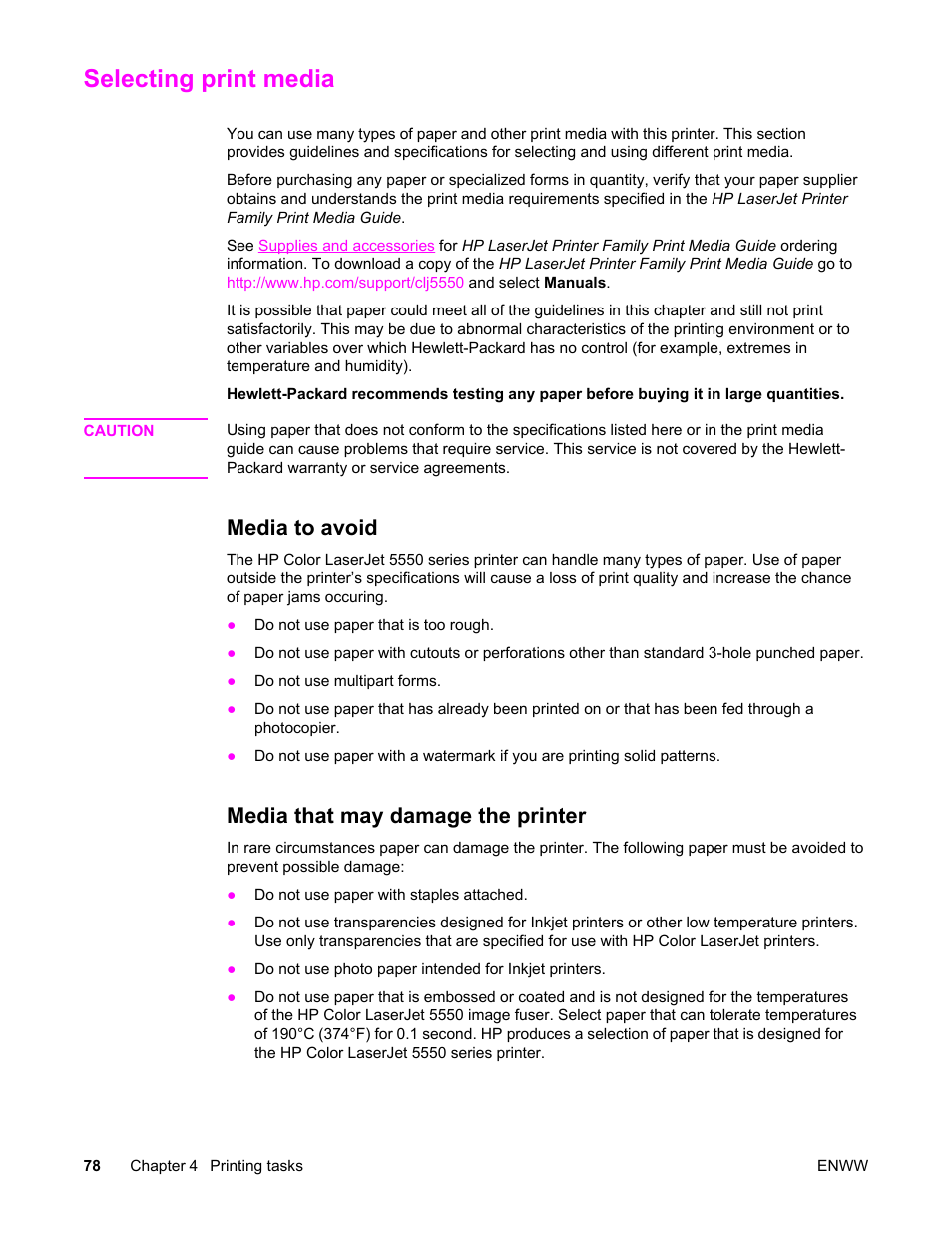 Selecting print media, Media to avoid, Media that may damage the printer | Media to avoid media that may damage the printer | HP Color LaserJet 5550 Printer series User Manual | Page 92 / 294