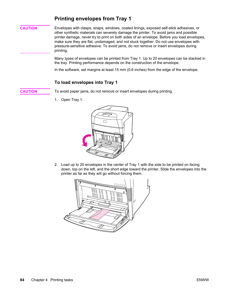 Printing envelopes from tray 1 | HP Color LaserJet 5550 Printer series User Manual | Page 98 / 294