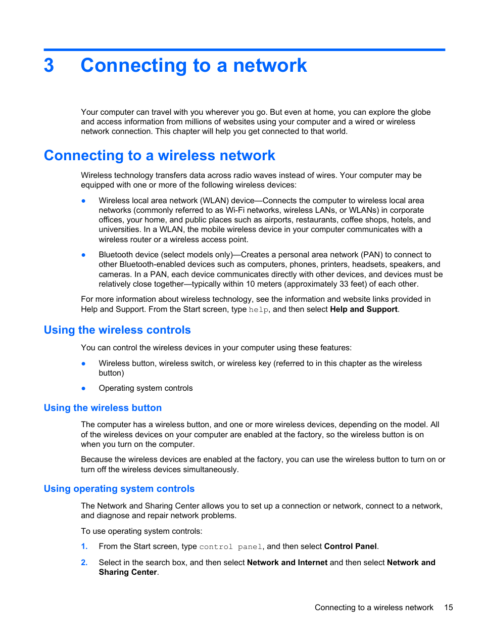 Connecting to a network, Connecting to a wireless network, Using the wireless controls | Using the wireless button, Using operating system controls, 3 connecting to a network, Connecting, 3connecting to a network | HP Pavilion 10 TouchSmart 10-e010nr Notebook PC User Manual | Page 23 / 72