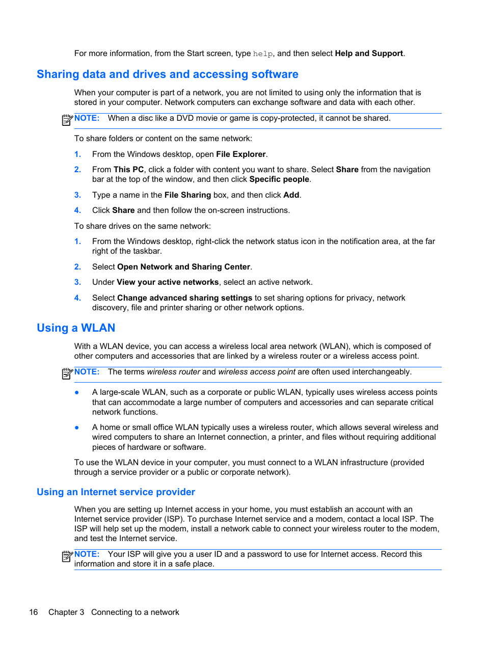 Sharing data and drives and accessing software, Using a wlan, Using an internet service provider | HP Pavilion 10 TouchSmart 10-e010nr Notebook PC User Manual | Page 24 / 72
